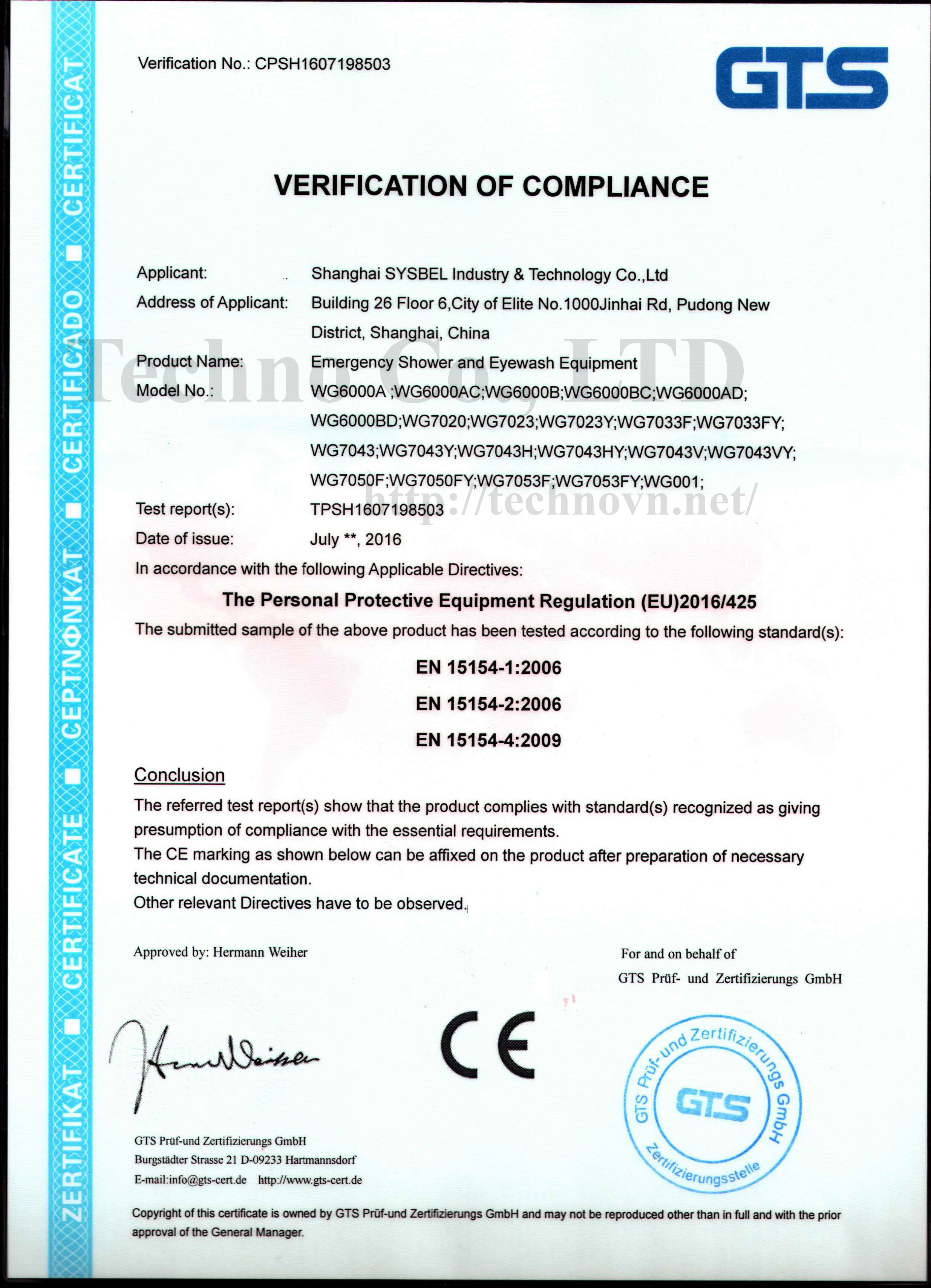 Giấy chứng nhận CE – Sản phẩm Phụ Kiện An Toàn Hãng SYSBEL | Techno Co., LTD